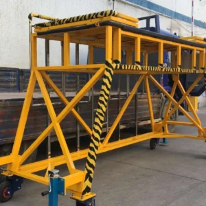 Boeing 787 landing gear and wheel well maintenance platform with safety handrails and anti-slip steps.