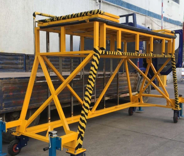 Heavy-duty B787 landing gear and wheel well aircraft maintenance stand, featuring safety padding and adjustable floor locks.