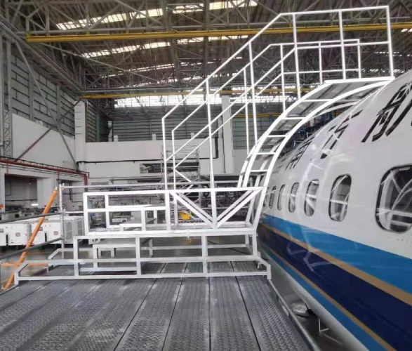 Custom-engineered sliding docking system contouring the aircraft fuselage and crown, designed for safe MRO hangar maintenance.
