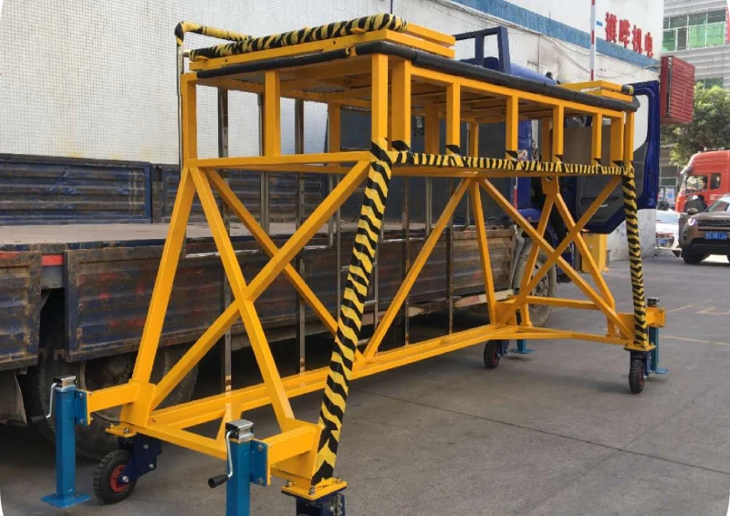 Custom Boeing 787 landing gear access stand featuring proprietary mechanical screw jacks for static stability and rubber bumpers for zero-gap skin protection.