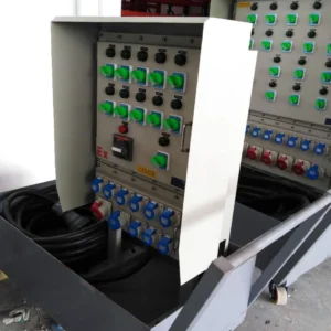 KiyeMech portable explosion-proof power distribution box mounted on a heavy-duty wheeled trolley, featuring multiple industrial CEE sockets for aviation MRO hangars.